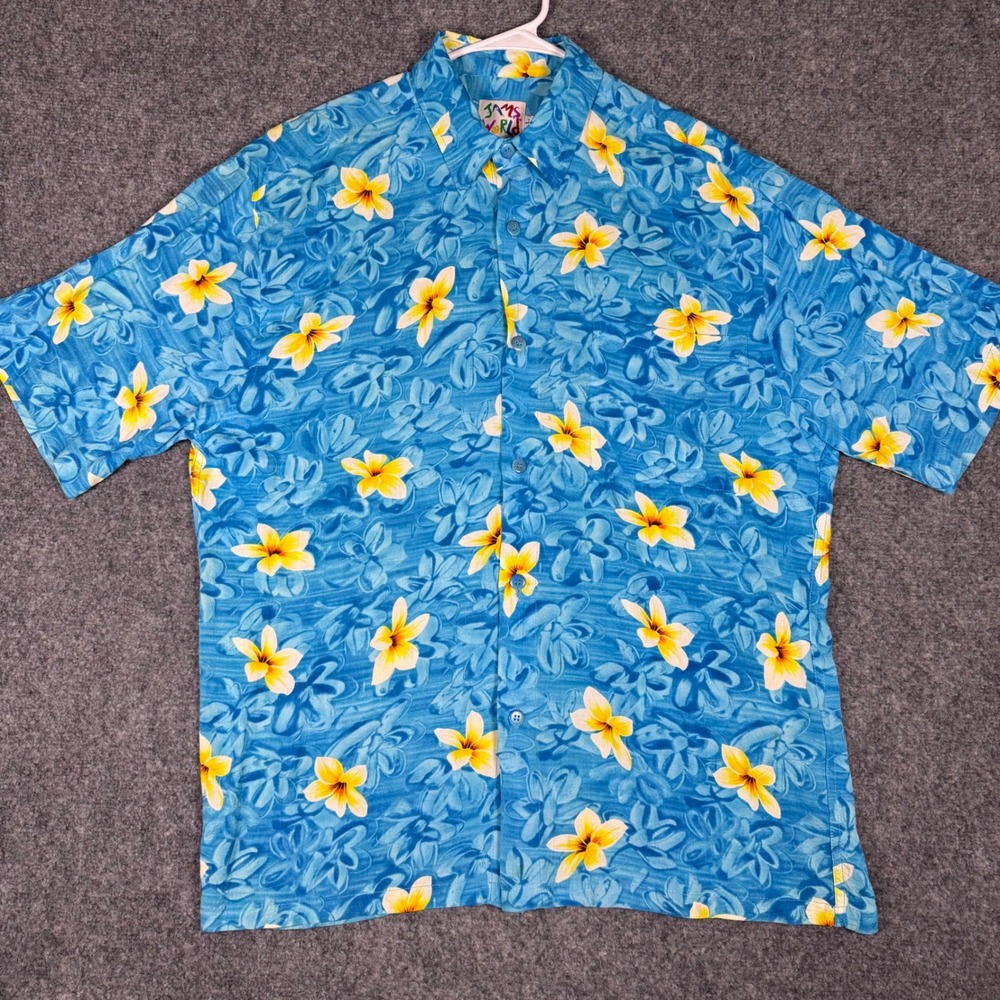 Vintage Jams World Plumeria Hawaiian Shirt Men Large Blue Rayon Floral